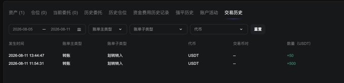 A transaction history page showing two USDT transfers (deposits of +50) on August 11, 2026, with Chinese language interface including tabs for assets, positions, current delegation, and transaction history.