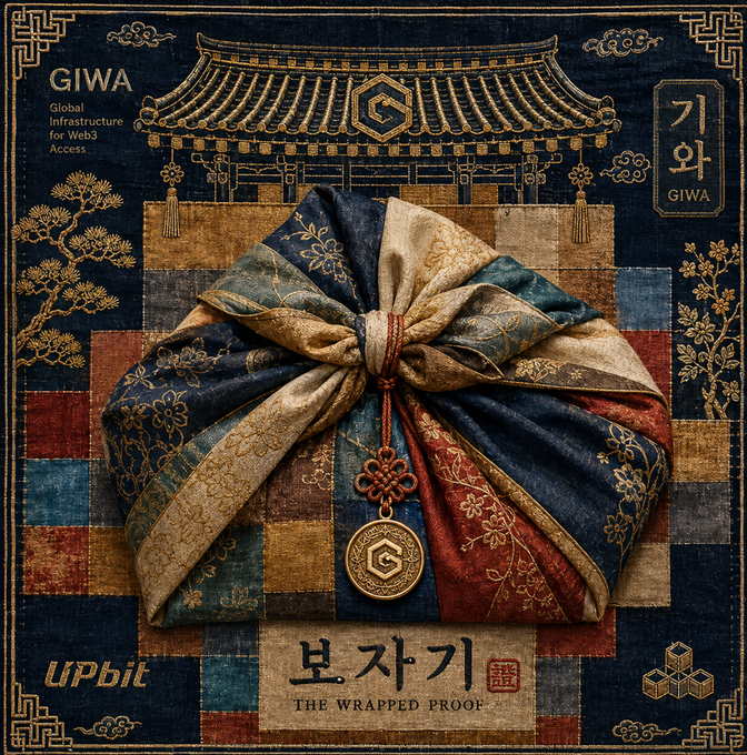 An ornate, traditional-style textile or artwork featuring a patterned bow wrapping with a decorative gold medallion, containing text including 'GIWA Global Infrastructure for Web3 Access', 'giwa', 'UPbit', Korean characters '기와' and '보자기', and 'THE WRAPPED PROOF' at the bottom.