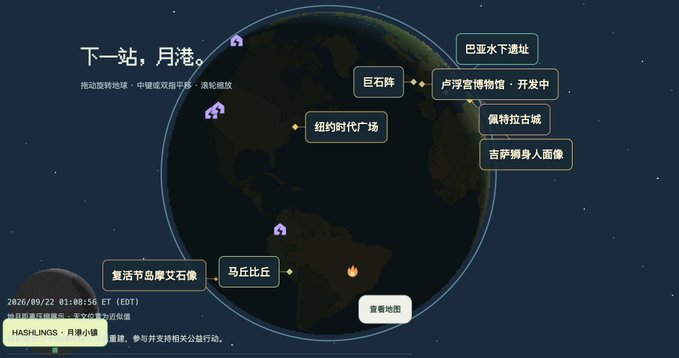 A dark-themed web interface displaying an interactive globe marked with various landmarks in Chinese, including "巨石阵" (Stonehenge), "马丘比丘" (Machu Picchu), "卢浮宫博物馆·开发中" (Louvre Museum·In Development), and "吉萨狮身人面像" (Great Sphinx of Giza), promoting the "Hashlings: Moon Landing" (HASHLINGS·月潜小镇) project. The interface relates to the post by showcasing the geographic exploration game world of Hashlings, the blockchain-based title the author is hyping as having genuine gameplay value worth playing.