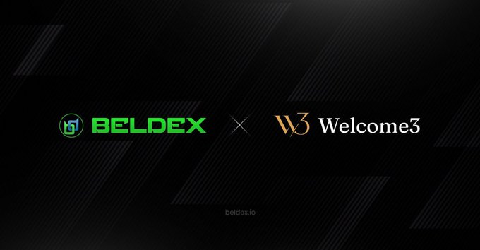 A dark promotional banner showing a partnership or collaboration between 'BELDEX' (with a green logo) and 'Welcome3' (with a gold W3 logo), with the website beldex.io at the bottom.