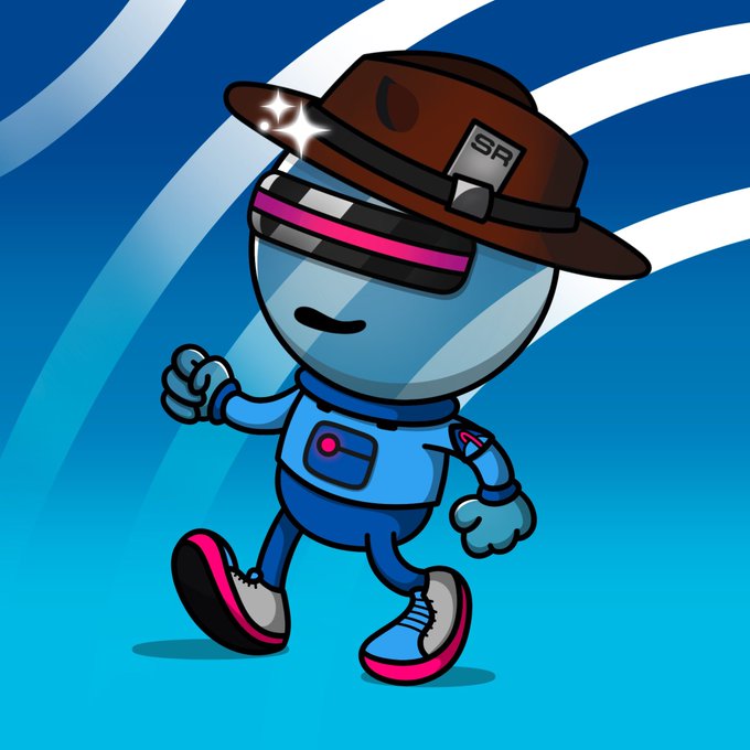 A cartoon character wearing a brown hat marked 'SR', sunglasses, and a blue outfit walks confidently against a blue background with white curved lines.