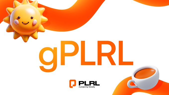The image features a cheerful cartoon sun and a cup of coffee alongside the text "gPLRL" and the PLRL logo (A project by Versality). The bright orange color scheme and coffee imagery, paired with a "Happy Monday fam" message, suggest it’s a fun greeting acknowledging the start of a new week — a Monday mood boost.