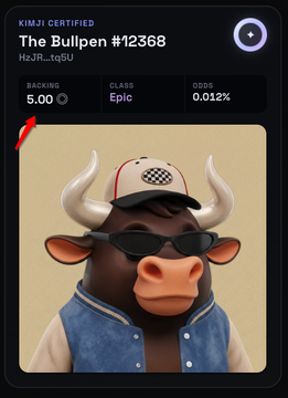 A digital collectible card featuring a cartoon cow with sunglasses and horns, labeled 'KIMIJI CERTIFIED' with the title 'The Bullpen #12368' showing stats including 'BACKING 5.00', 'CLASS Epic', and 'ODDS 0.012%'.