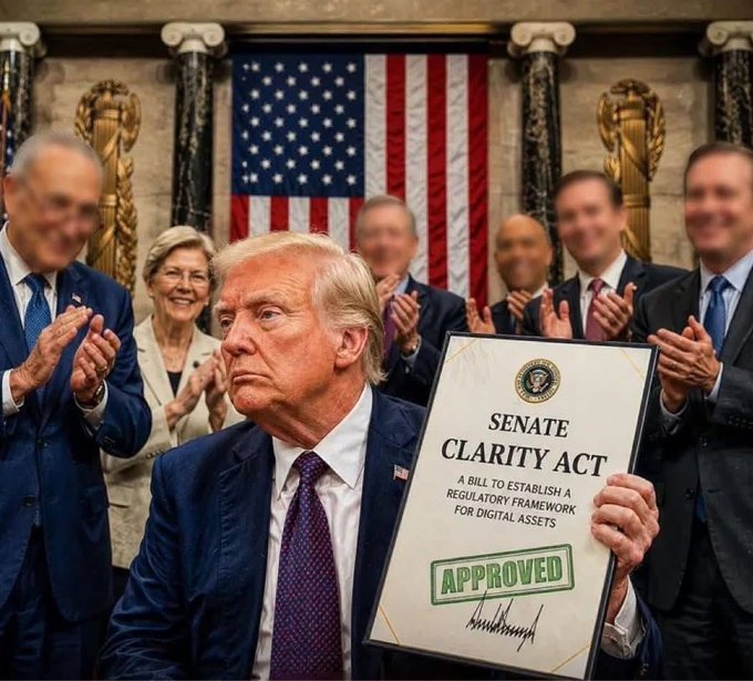 Donald Trump holds up a document labeled "Senate Clarity Act: A Bill to Establish a Regulatory Framework for Digital Assets, Approved". The image is linked to a post about potentially positive developments for crypto and $XRP.