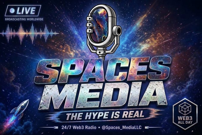 Promotional banner for 'Spaces Media' branding itself as 'The Hype Is Real' for Web3, featuring a microphone with a galaxy background, a 24/7 Web3 radio label, and the handle @Spaces_MediaLLC.