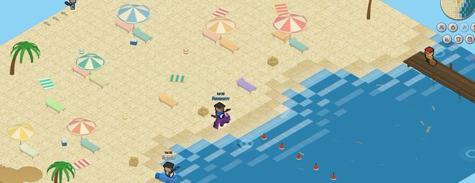 Pixel art beach scene showing two characters named 'Marmar' and 'Goilat' on a sandy shore with colorful umbrellas, lounge chairs, and ocean buoys.
