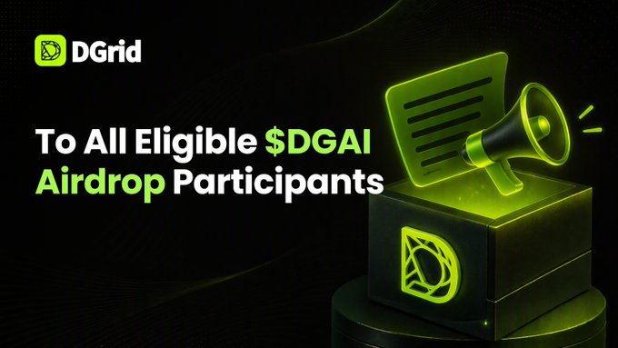 A promotional graphic from DGrid features a glowing green 3D box with a megaphone and text symbol, alongside the headline "To All Eligible $DGAI Airdrop Participants," visually reinforcing the announcement that recipients should verify their exchange UID and email match before submitting their $DGAI airdrop claim.