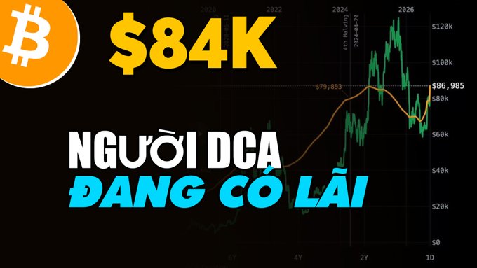 A thumbnail-style graphic showing a Bitcoin price chart with text reading "$84K" and "NGƯỜI DCA ĐANG CÓ LÃI" (DCA investors are profiting), highlighting the $86,985 price point.