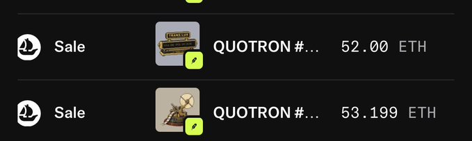 The image shows two marketplace sales labeled “QUOTRON,” with the accompanying post noting that two relics were bought for 52 ETH and 53.199 ETH, respectively—reportedly around $130,000 each.