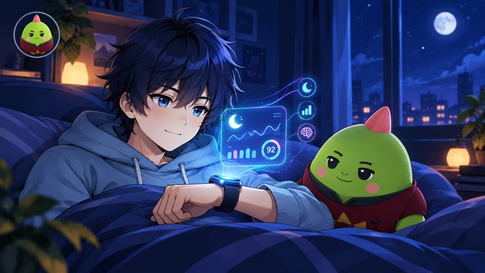 An anime-style illustration of a blue-haired boy in bed at night wearing a smartwatch that displays sleep tracking data, with a cute green character wearing a red hood sitting beside him.