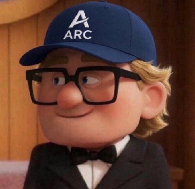 An animated cartoon character resembling Carl from 'Up' wearing a dark blue baseball cap with the logo 'A ARC', black square glasses, and a tuxedo with a bow tie.