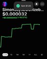 A Robinhood-style stock chart showing Simon Property Group (Simonws) with a price of $0.000032 displaying a downward price trend.