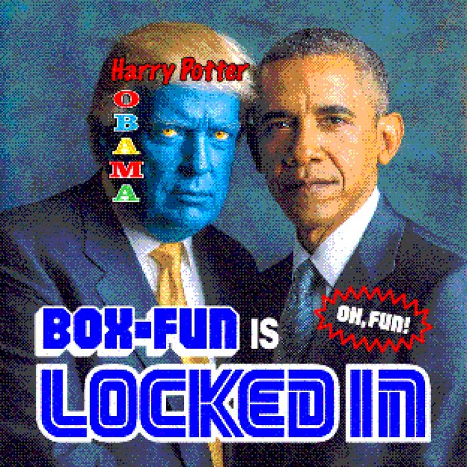 A digitally altered image featuring Barack Obama next to a blue-faced figure labeled 'Harry Potter OBAMA', with text reading 'BOX-FUN IS LOCKED IN' and 'OH, FUN!'