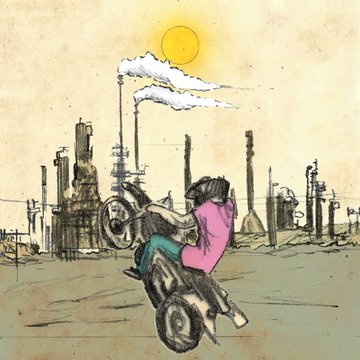 The image features a man riding a motorcycle, performing a wheelie trick over a dirt road. The scene takes place in front of an industrial area with several tall buildings, including a factory that appears to be emitting smoke from its chimneys. The sky above is filled with clouds and has a yellowish tint due to the sun shining brightly through them. The image also contains text elements such as "UFO, Shroom, Black sky, seems rare. So glad you did a generative collection @rogerin_art".