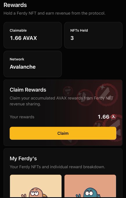 A dark-themed mobile app interface for claiming rewards, showing '1.66 AVAX' claimable, 'NFTs Held 3', 'Network Avalanche', and cartoon Ferdy NFT characters at the bottom.