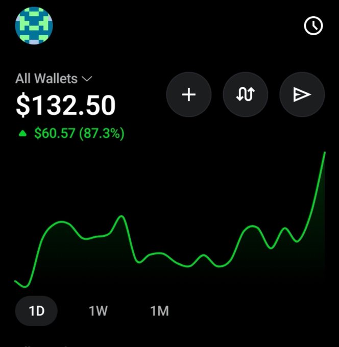 A wallet app interface showing a balance of $132.50 with an increase of $60.57 (87.3%) and a green upward-trending line chart.