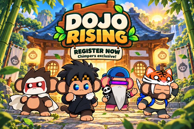 A vibrant cartoon-style promotional image for "DOJO RISING" features four chibi characters—a monkey ninja, a kung-fu master, a panda-masked fighter, and a tiger warrior—standing in front of a traditional Japanese dojo, with a banner reading "REGISTER NOW - Chimpers exclusive!" The image serves as an eye-catching teaser that complements the post's message of sharing more details this weekend about what appears to be an upcoming exclusive registration event.