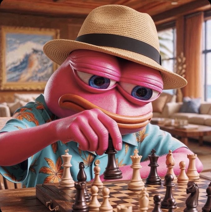 A pink octopus-like character wearing a straw fedora and a blue Hawaiian shirt sits thoughtfully at a chessboard in a cozy, rustic room with a mountain painting in the background.