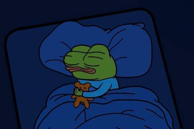 A dark, blue-toned cartoon of Pepe the Frog sleeping in bed while clutching a small brown teddy bear.
