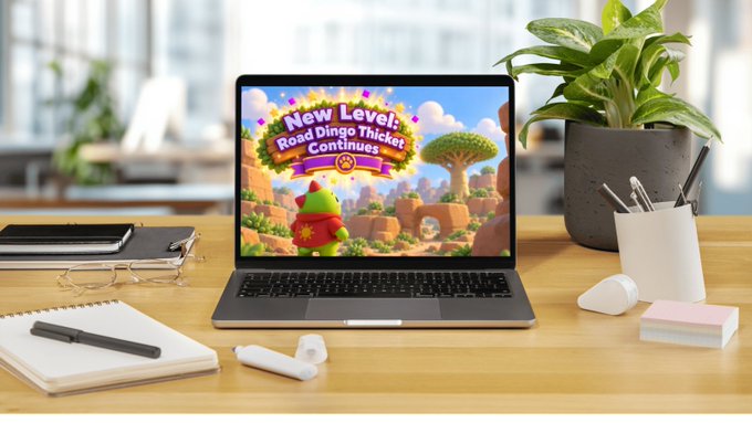 A modern workspace scene displays an open laptop on a wooden desk showing the 'New Level: Road Dingo Thicket Continues' achievement screen from a video game, surrounded by various items like a notebook, pens, AirPods, and a potted plant.