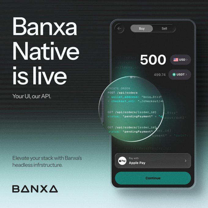 A dark-themed promotional graphic announcing "Banxa Native is live" with the tagline "Your UI, our API" and a callout to "headless infrastructure," featuring a smartphone mockup displaying a 500 USD to 499.74 USDT buy/sell interface with Apple Pay integration and a magnified overlay showing API endpoints like POST /api/orders and GET /api/orders/{order_id} with "pendingPayment" status. The image visually reinforces the post's message by showing Banxa's payment infrastructure embedded directly within a partner's custom UI—no Banxa branding, no redirects—while highlighting the API calls that power the seamless checkout flow.