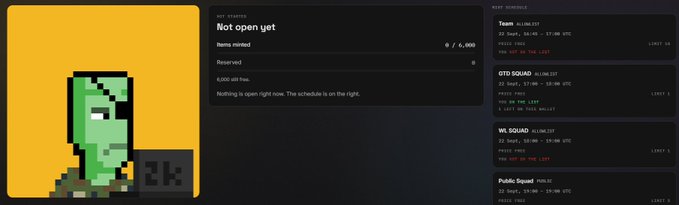 A website interface for 'ZEC SQUAD' displays a 'Not open yet' status with 0/6,000 items minted, alongside a NFT schedule listing Team, OTD SQUAD, and WR SQUAD mints for upcoming dates in March 2024.