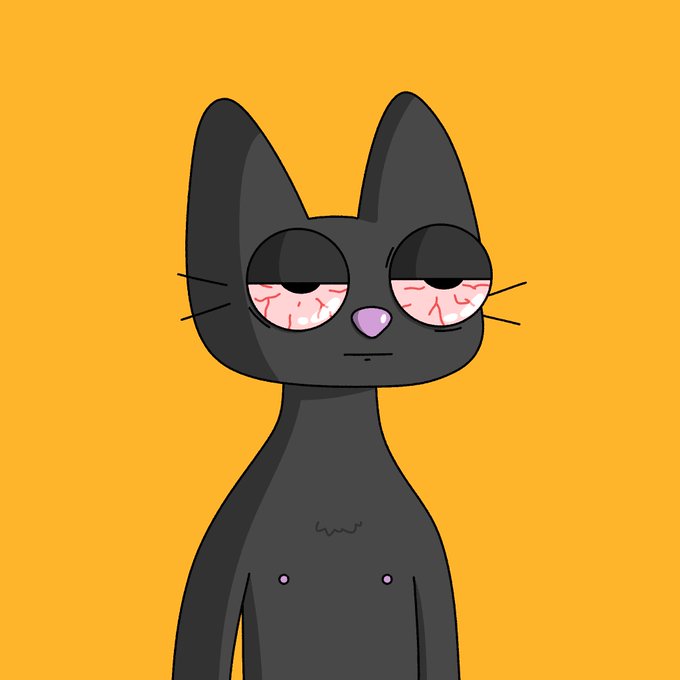 A simple cartoon drawing of a black cat character with bloodshot eyes, a pink nose, and visible nipples, set against an orange background.
