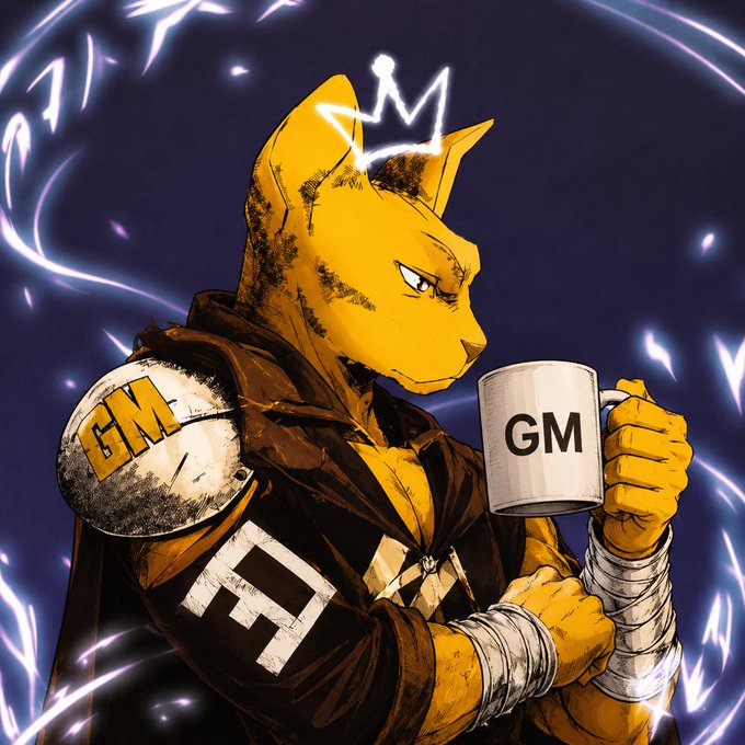 An anime-style orange fox warrior wearing a 'GM' shoulder pad, holding a mug labeled 'GM' with a glowing crown above its head.