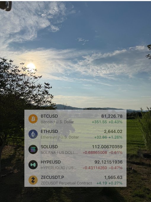 A scenic outdoor landscape with a bright sun and blue sky serves as the background for a cryptocurrency ticker showing BTCUSD at 81,226.78, ETHUSD at 2,644.02, SOLUSD, HYPEUSD, and ZECUSDT.P.