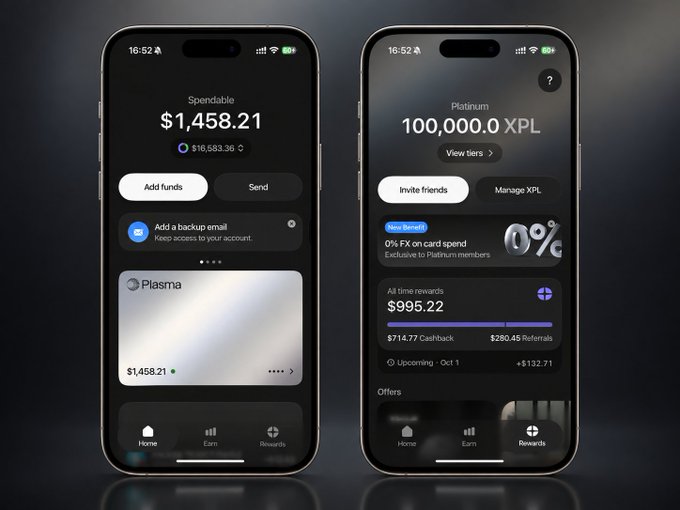 Two iPhone screens display the Plasma One app interface, showing a spendable balance of $1,458.21 with a Bitcoin balance of $16,583.36 on the left, and a Platinum tier status with 100,000.0 XPL, all-time rewards of $995.22, and a 0% FX on card spend bonus on the right. The interface highlights the app's key features—funds management, XPL rewards, and Platinum membership perks—reflecting the team's recent product developments since its public launch on June 17.