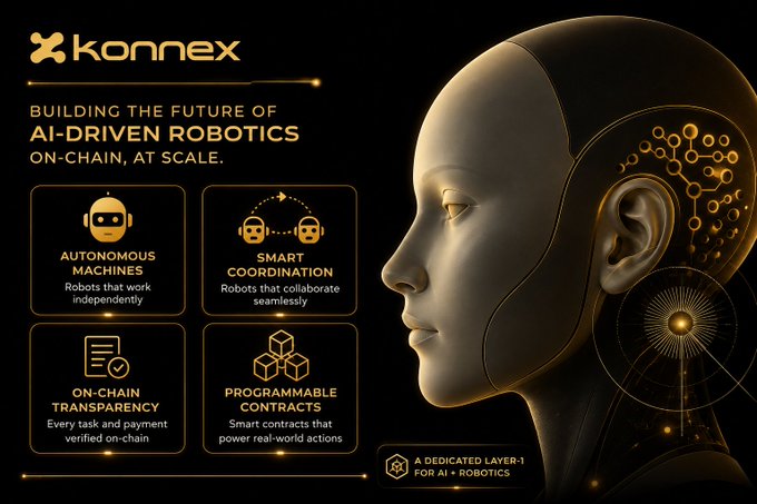 A promotional graphic for 'Konnex' advertises 'BUILDING THE FUTURE OF AI-DRIVEN ROBOTICS ON-CHAIN, AT SCALE,' featuring a sleek humanoid robot head and four feature boxes: 'AUTONOMOUS MACHINES', 'SMART COORDINATION', 'ON-CHAIN TRANSPARENCY', and 'PROGRAMMABLE CONTRACTS', labeled as 'A DEDICATED LAYER-1 FOR AI + ROBOTICS'.