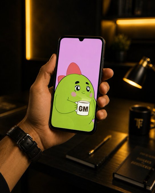 A hand holding a smartphone displaying a green cartoon character holding a 'GM' mug on a pink background, set in a dimly lit room with warm lighting, a desk lamp, and a notebook.