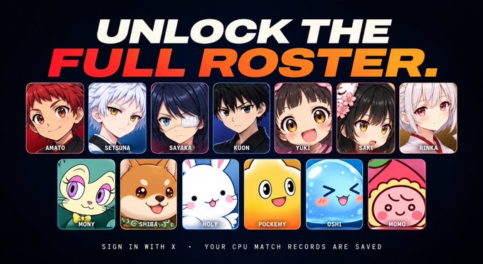 A promotional banner for "OSHI CLASH" displays the text "UNLOCK THE FULL ROSTER" above two rows of character icons—humans (Amato, Setsuna, Sayaka, Kuon, Yuki, Saki, Rinka) and cute creatures (Mony, Shiba, Holy, Pockemy, Oshi, Momo)—with a call-to-action at the bottom reading "SIGN IN WITH X · YOUR CPU MATCH RECORDS ARE SAVED." The image directly supports the post by showcasing the game's playable character lineup, including the featured protagonist Amato, while advertising roster expansion and sign-in rewards.