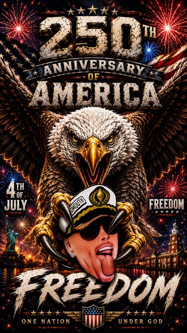 A patriotic 4th of July graphic celebrates '250th Anniversary of America' with a fierce bald eagle, fireworks, an American flag, the Statue of Liberty, and a stylized face wearing sunglasses and a naval officer's cap, surrounded by text reading 'FREEDOM' and 'ONE NATION UNDER GOD'.