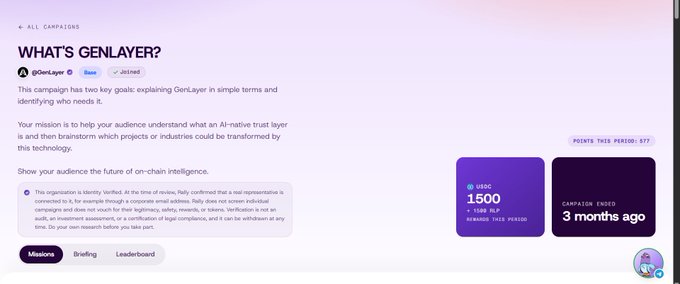 A webpage titled "WHAT'S GENLAYER?" by @GenLayer explaining an AI-native trust layer campaign, showing a reward of 1500 USDC, noting the campaign ended 3 months ago, with 677 points for the period.