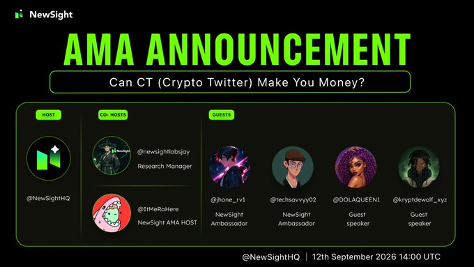 NewSight AMA Announcement for 'Can CT (Crypto Twitter) Make You Money?' featuring host @NewSightHQ, co-hosts @newsightlabsjoy and @iMeRoHere, and guests @none_rv1, @techsavvy02, @DOLAQUEEN1, and @kryptdewolf_xyz, scheduled for 12th September 2026 14:00 UTC.