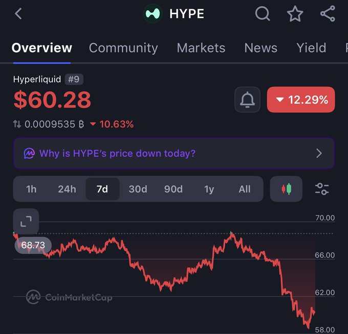 A CoinMarketCap chart for the HYPE token (Hyperliquid, ranked #9) showing a price of $60.28 with a 12.29% decline over 7 days.
