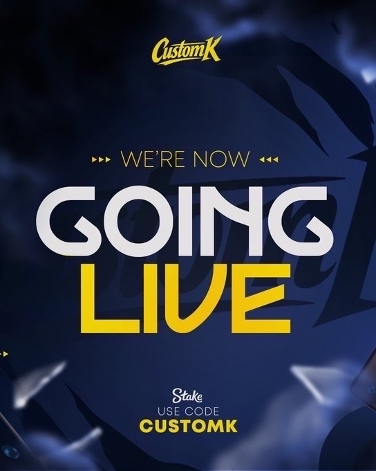 A promotional graphic for 'CustomK' announcing 'WE'RE NOW GOING LIVE' with a Stake promo code 'CUSTOMK' displayed against a dark blue, dragon-themed background.