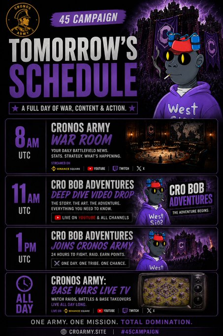 A promotional schedule graphic titled 'TOMORROW'S SCHEDULE' for the Cronos Army 45 Campaign, featuring a purple mascot and listing events at 8 AM, 11 AM, 1 PM, and all day, with branding at croarmy.site and #45CAMPAIGN.