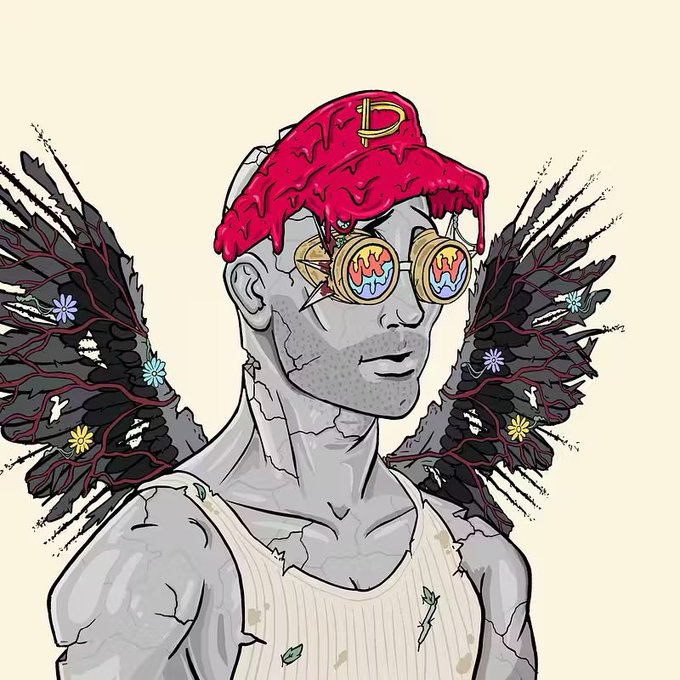 A digital illustration depicts a grey, stone-like figure wearing a white tank top, dripping red headwear with a Bitcoin '₿' symbol, gold-rimmed sunglasses reflecting flames, and black wings decorated with flowers.