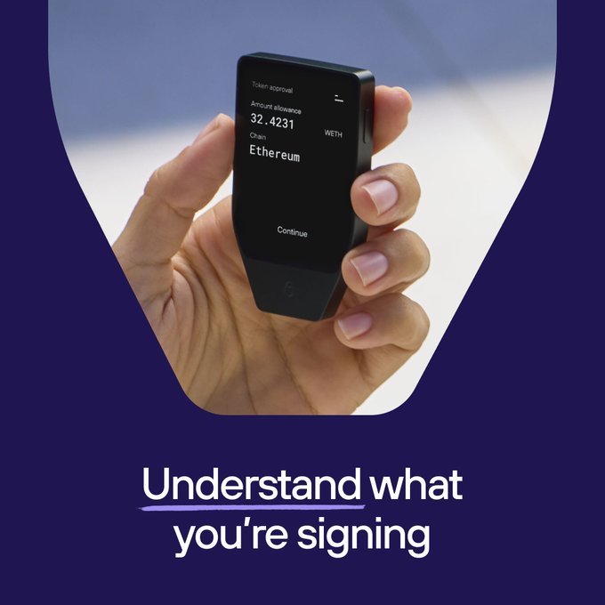 A hand holds a Trezor device displaying “Token approval,” an “Amount allowance” of 32.4231 WETH, and “Chain Ethereum,” with a “Continue” prompt. This illustrates Clear Signing, which decodes supported EVM smart contract transactions so users can review actions, tokens, amounts, and destinations on the device’s trusted screen before signing.