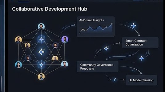 A 'Collaborative Development Hub' diagram showing interconnected user profiles linked to AI-driven processes including AI-Driven Insights, Smart Contract Optimization, Community Governance Proposals, and AI Model Training.