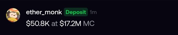 A Discord message from "ether_monk" shows a recent "Deposit" notification for $50.8K at $17.2M MC, confirming the claimed $50K purchase referenced in the accompanying post about "CATE."
