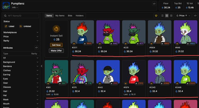 A screenshot of the 'Pumplienz' NFT marketplace shows listings of zombie-style avatars with their prices in ETH.