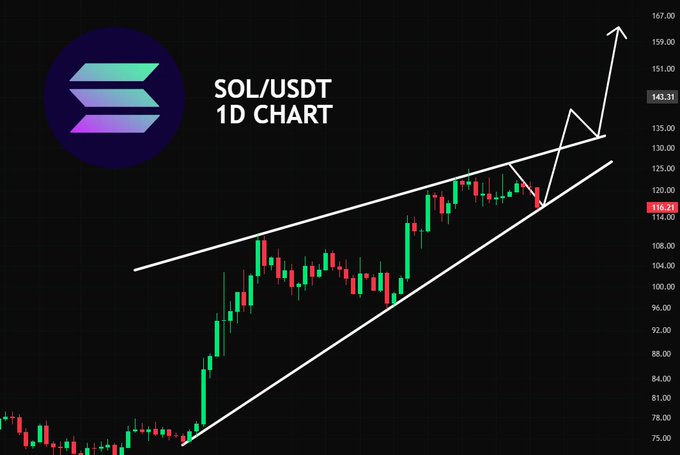 A daily (1D) SOL/USDT candlestick chart showing an upward trending channel, with the price currently at $116.21 testing key support near the channel's lower boundary, with an arrow projecting a potential breakout toward $167.00. The chart visually supports the post's view that SOL is at a critical support level where a hold could trigger a significant pump.