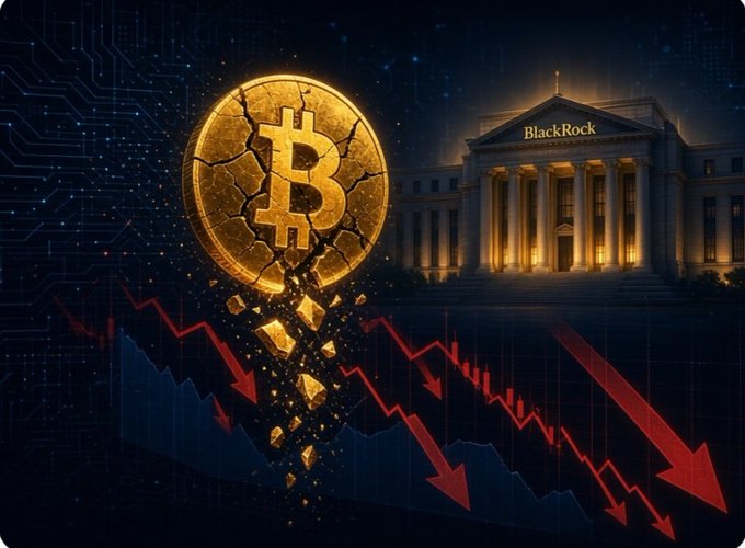 A dramatic digital illustration depicting a cracked and crumbling golden Bitcoin coin with downward red arrows, set against a backdrop featuring the BlackRock building at night, symbolizing a crypto market crash.