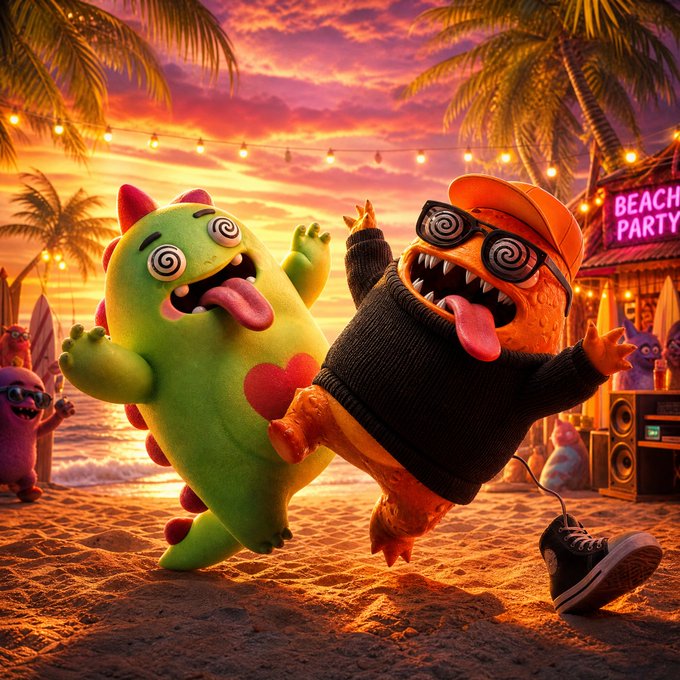 Two dizzy, cartoonish monsters—one green with spikes and one orange in a beanie and sunglasses—party wildly on a beach at sunset under string lights near a "BEACH PARTY" sign.