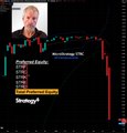 A MarketVector chart displays the price decline of ProShares UltraPro Short QQQ (SQQQ) below a screenshot of Michael Saylor, with his quote about creating an "information refinery" and the $MSTR ticker prominently overlaid, highlighting how MicroStrategy's bitcoin-focused strategy contrasts with the downward trajectory of SQQQ.