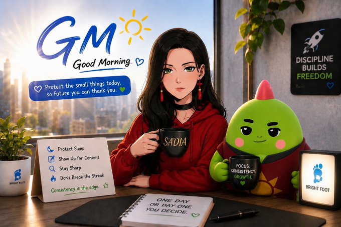 The image features a woman sitting at a desk with a green dinosaur toy next to her, holding a coffee cup. The background shows a city skyline, suggesting that they are in an office or workspace setting. There's also a note on the desk that reads "Good morning, everyone when I woke up this morning, my mind was focused on @sleepagotchi". This message seems to be promoting the idea of using simple and fun activities like playing with a toy as a way to stay focused and productive during the day.