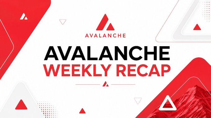 A bold red and white graphic for "Avalanche Weekly Recap" featuring the AVAX logo at the top, geometric triangular shapes, and an avalanche-themed mountain imagery on the right side, designed to introduce a weekly summary of developments across the Avalanche ecosystem.